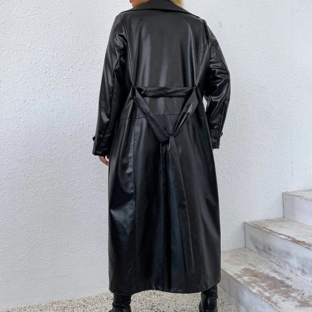 PLUS SIZE BLACK PU LEATHER COLLAR BELTED TRENCH COAT - Picture 7 of 7